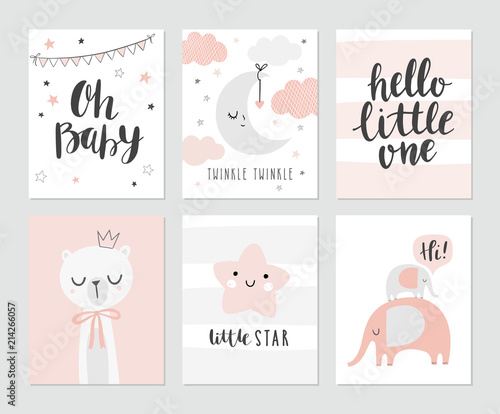 Set of cute baby shower cards including moon, clouds, star, elephants, bear and modern calligraphy phrases: hello little one and oh, baby. Vector illustrations for invitations, greeting cards, posters