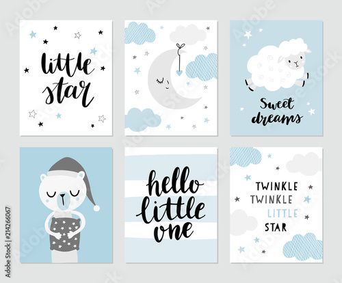 Cute moon, sheep, sleeping bear in pyjama, nursery rhymes. Hand lettering - Little star, sweet dreams, hello little one. Baby shower invitation, greeting card, nursery poster.