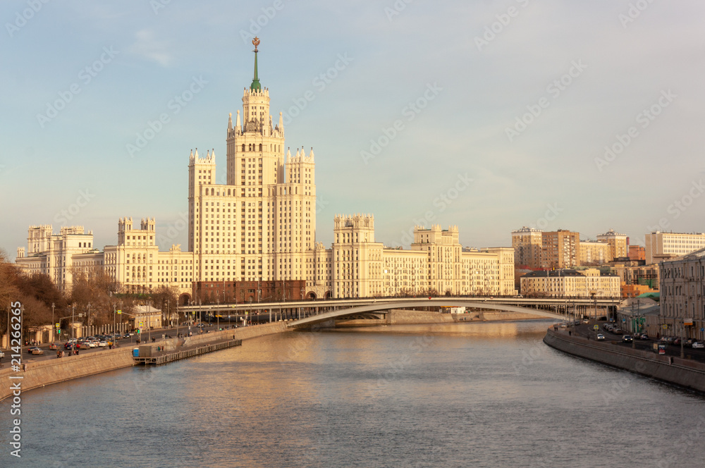 Moscow cityscape with Stalin's high-rise building on kotelnicheskaya embankment