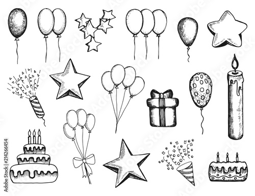 holiday attributes set of hand-drawn vector drawings. balls gifts and stars