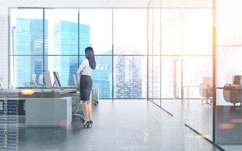 Woman manager in modern office, cityscape double
