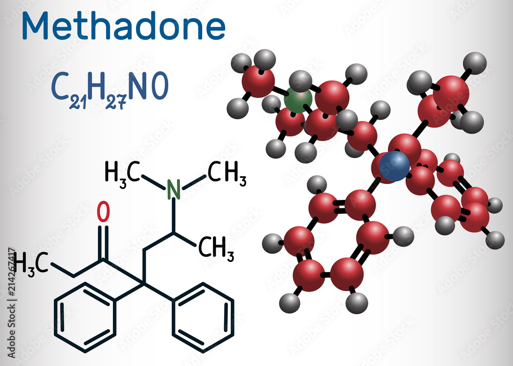 Methadone molecule. It is an opioid, is used as an analgesic, in the