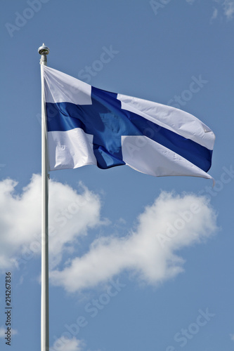 Finnish blue and white flag waving in the  wind