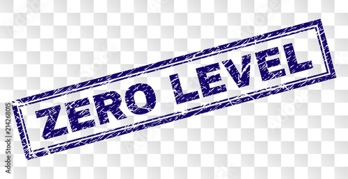 ZERO LEVEL stamp seal print with rubber print style and double framed rectangle shape. Stamp is placed on a transparent background. Blue vector rubber print of ZERO LEVEL title with dirty texture.