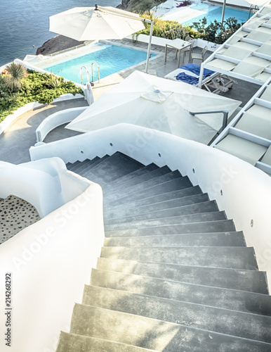 Santorini curly stars and swimming pool, Greece