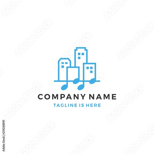 music city skyline building notes landscape melody logo template vector illustration