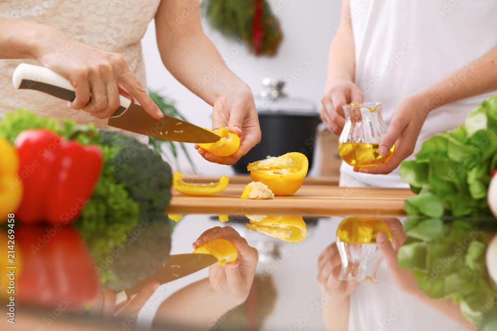 Closeup of human hands cooking in kitchen. Mother and daughter or two female friends cutting vegetables for fresh salad. Healthy meal, vegetarian food and lifestyle concepts Closeup of human hands cooking in kitchen. Mother and daughter or two female friends cutting vegetables for fresh salad. Healthy meal, vegetarian food and lifestyle concepts