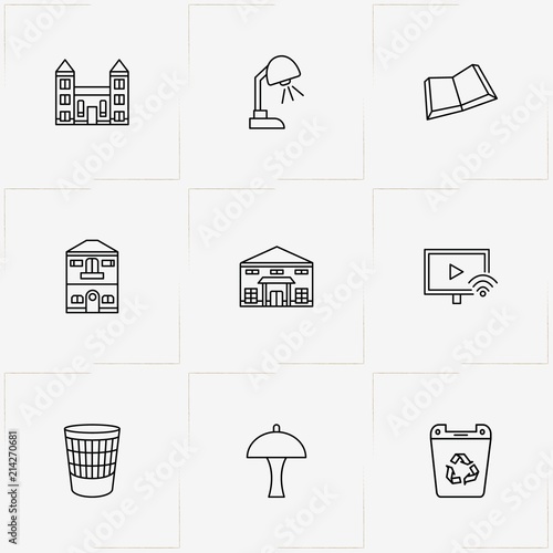 Workspace line icon set with recycle bin , building and television monitor