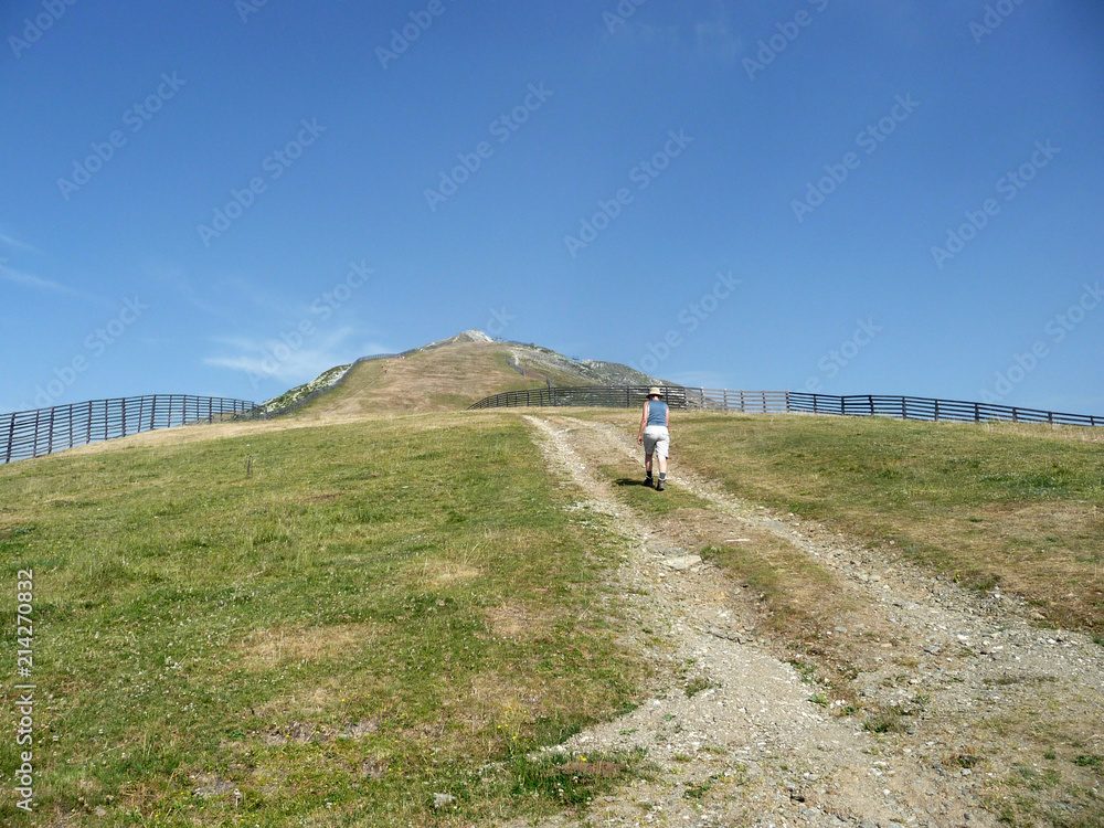 Alps. Road to sky. A girl climbs a mountain.