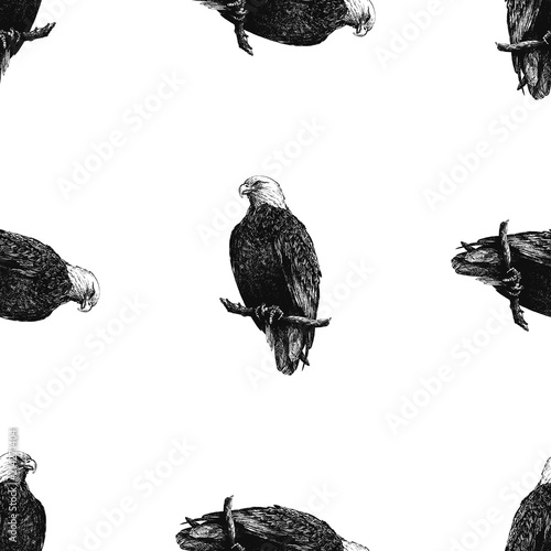 Seamless pattern of hand drawn sketch style eagles isolated on white background. Vector illustration.