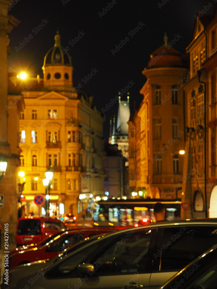 Night Prague, Czech Republic, city center, city landscape, illumination. Blurred image