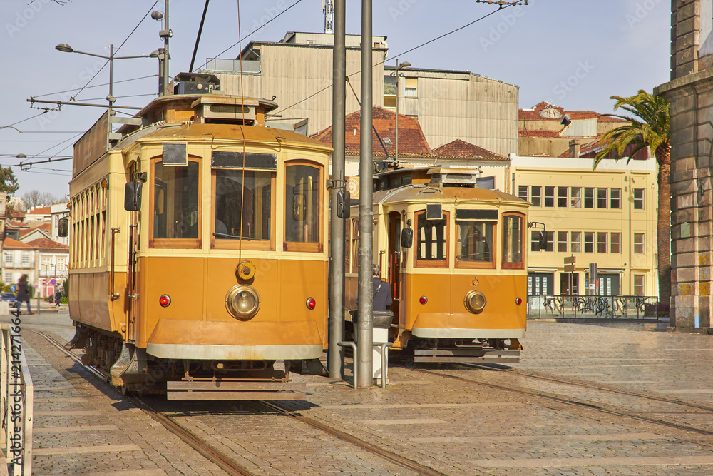 Traditional trams in old Porto city
