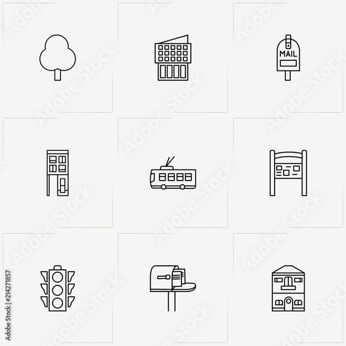 Street line icon set with traffic light, street sign  and trolleybus