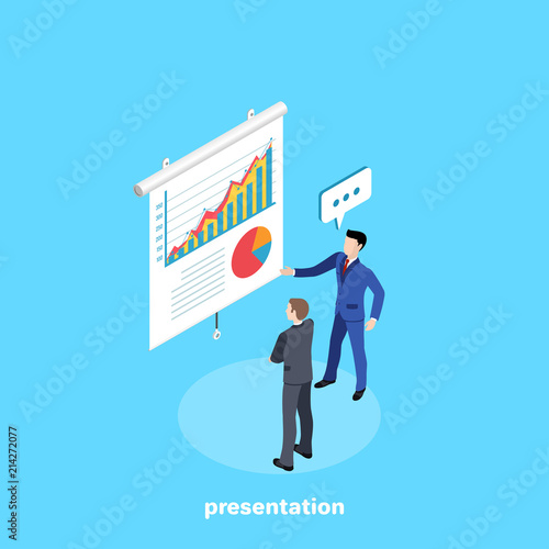 a man in a business suit speaks to the listener at a conference, an isometric image