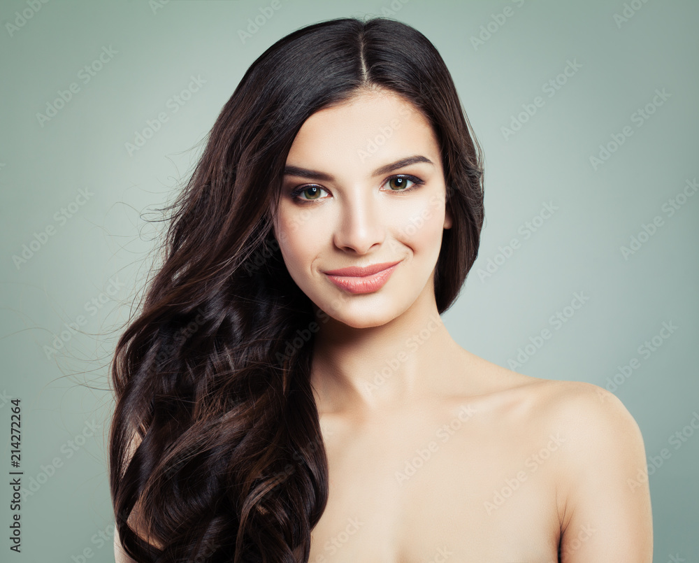 Brunette Hair Woman Smiling. Natural Makeup and Long Healthy Hairdo, Hair care concept Brunette Hair Woman Smiling. Natural Makeup and Long Healthy Hairdo, Hair care concept