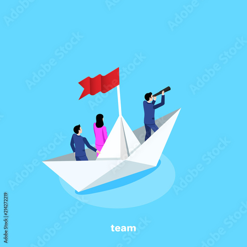 people in business suits swim in a white paper boat, an isometric image
