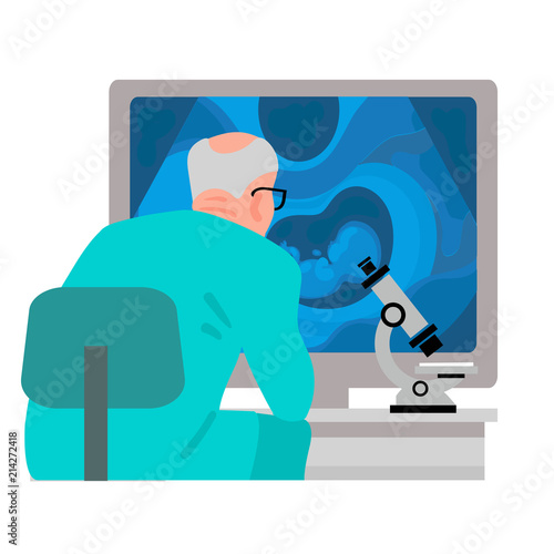 Scientist looking at computer screen with ultrasound image of baby in mothers womb. Vector
