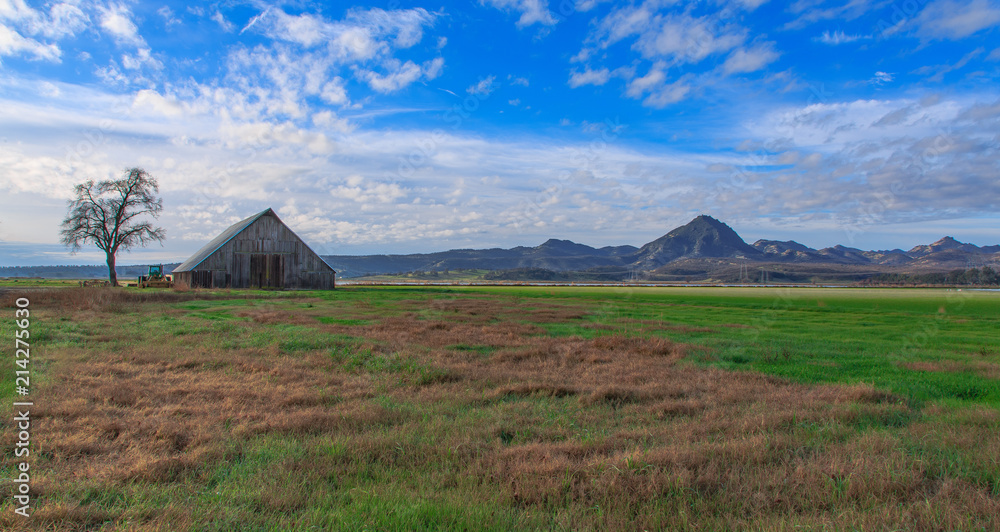Barn with distance view of the Sutter buttes mountains