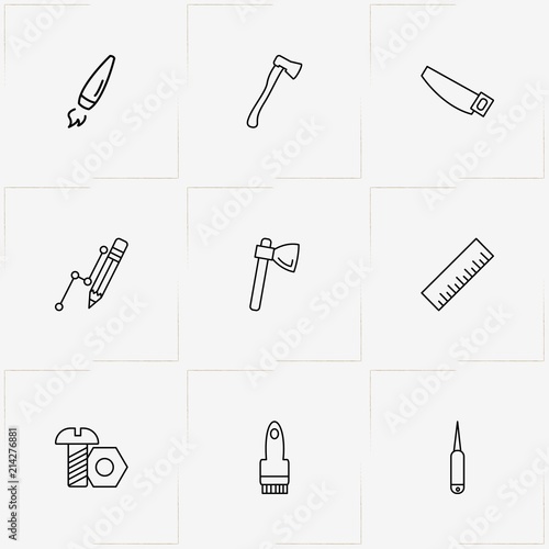 Tools line icon set with pencil, bolt and nut  and awl
