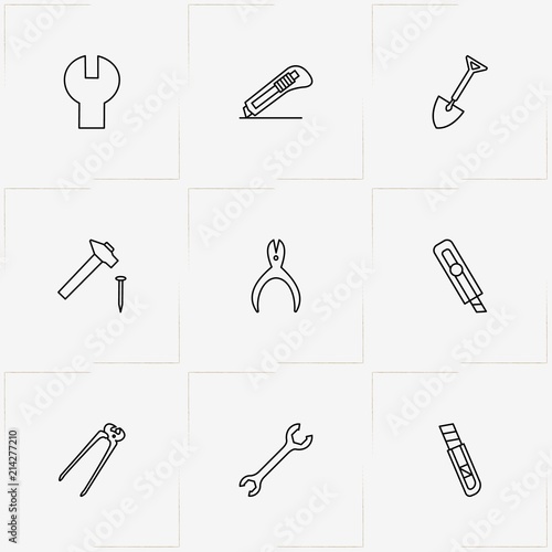 Tools line icon set with hammer, nippers and cutter