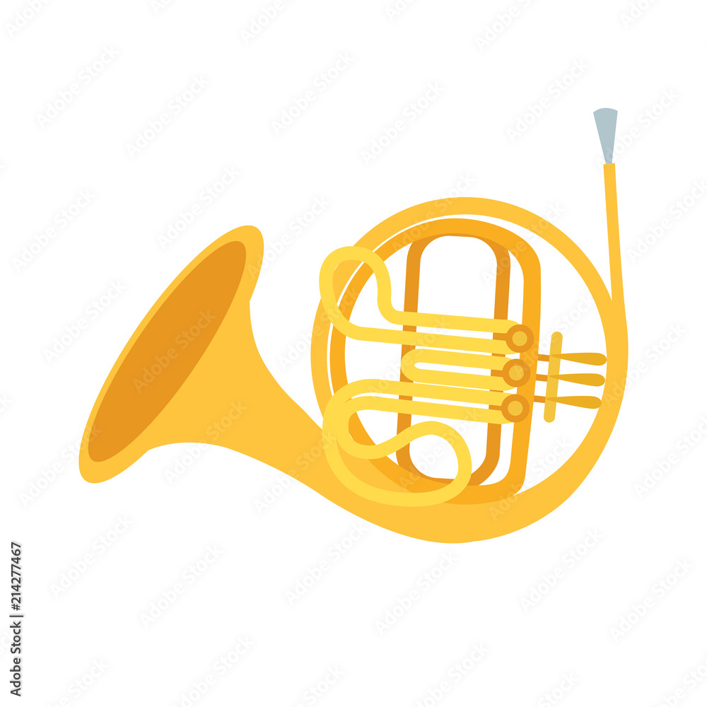 Golden french horn on white background. Classical wind musical instrument.  Cute flat cartoon style. French horn icon. Vector illustration vector de  Stock | Adobe Stock