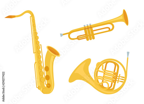 Wind golden musical instruments vector set. Saxophone, trumpet, french horn isolated on white background. Cute flat cartoon style. Vector illustration