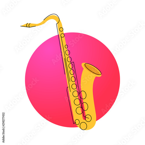Abstract saxophone on pink background. Classical wind musical instrument. Saxophone icon with black lines. Template for jazz music concert poster. Vector illustration