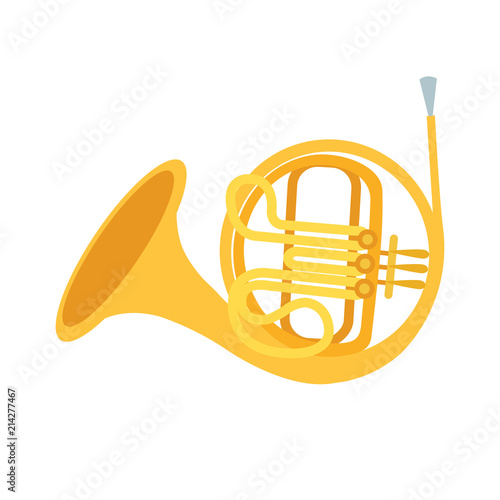 Golden french horn on white background. Classical wind musical instrument. Cute flat cartoon style. French horn icon. Vector illustration photo