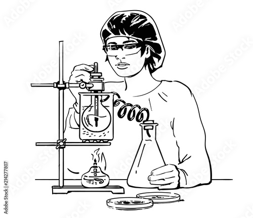 Female scientist with test tubes. Laboratory assistant working in lab. Vector