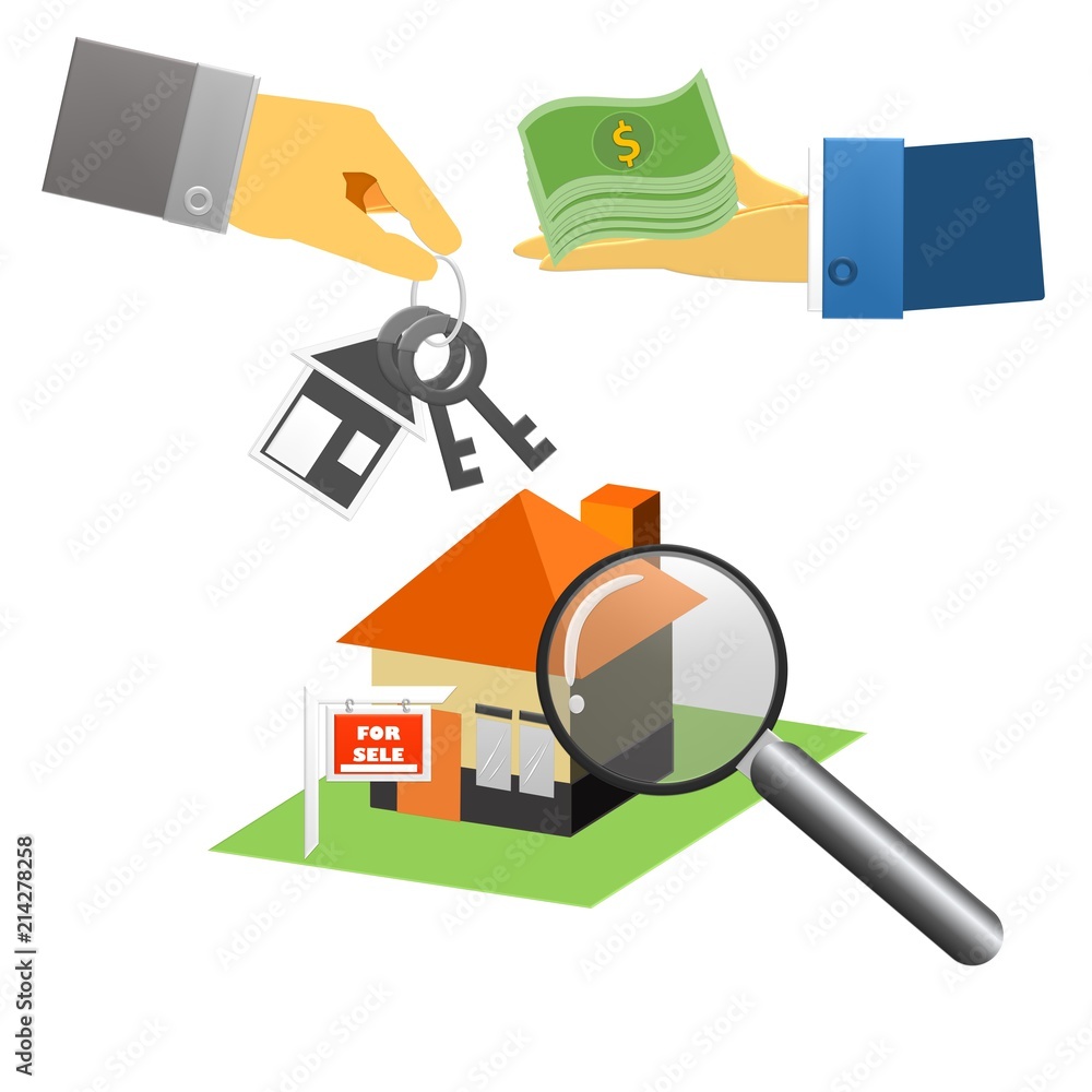 Obraz premium Real estate agent with house model and keys. Hand giving house keys isometric design. Vector illustration flat style. Real estate agent handing holding in palm home and key. Template for sale,