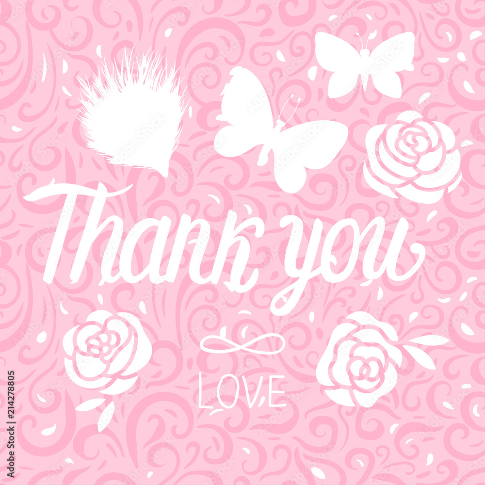 Thank you card. Vector inscription lettering calligraphy white isolated on pink curls texture background.