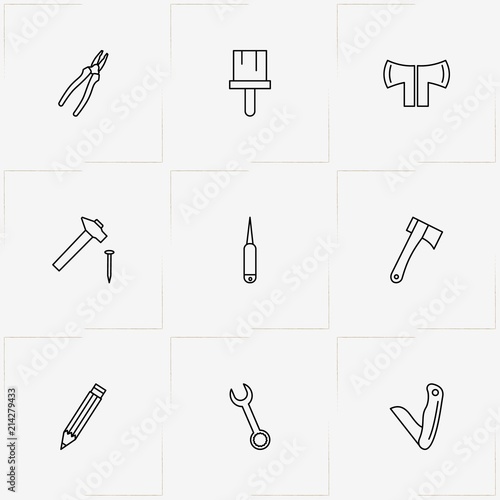 Tools line icon set with awl , pliers and pocket knife