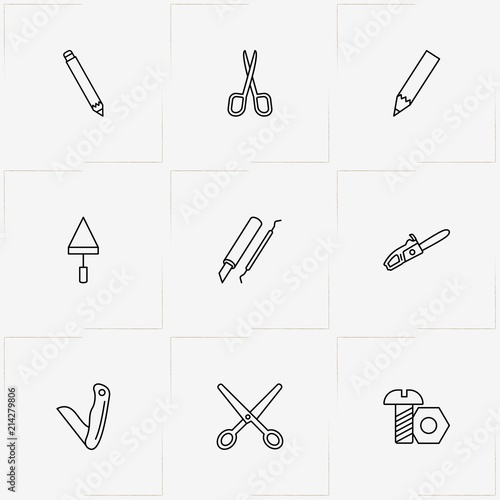 Tools line icon set with scissor, cutter and pencil