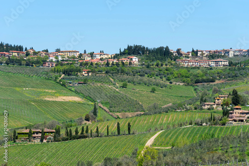 Panoramic beautiful view of residential areas Radda in Chianti province of Siena  Tuscany  Italy.