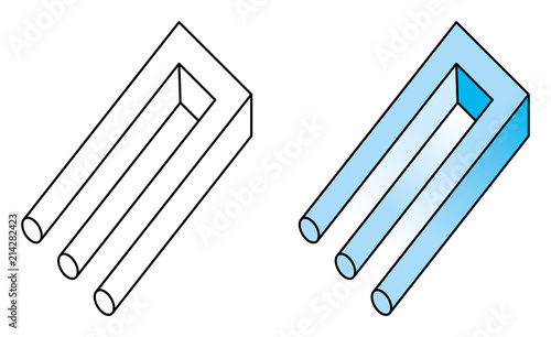 Blivet, impossible trident, a kind of optical illusion. Impossible object and undecipherable figure. Also known as impossible fork, poiuyt and devils tuning fork. Illustration over white. Vector.