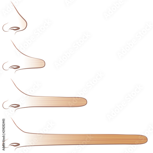 Long growing nose caused by lying, like Pinocchios wooden nose. Different lengths, four steps, beginning from the truth to white lie, bluff and cheat to lifelong lies. Comic illustration.