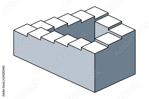 Penrose stairs, impossible staircase, optical illusion. Also Penrose steps. Impossible object. Two dimensional depiction of a staircase, forming a continuous loop. Illustration over white. Vector.