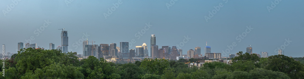Aerial View of Downtown Austin Skyline Over the Green Trees