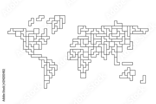 World map mosaic of black outlined tetris blocks. Flat vector illustration.