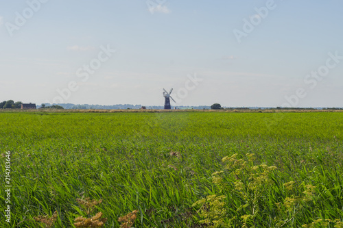 Green Grass Field with Windmill on Horizon