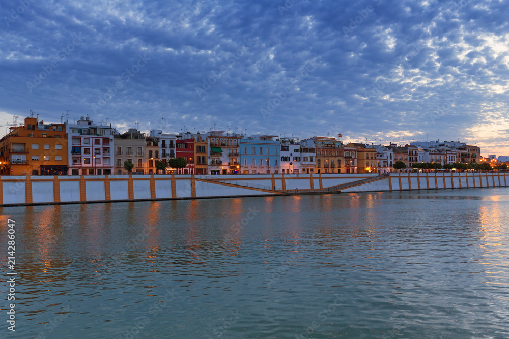 Seville, Spain, Night view of the fashionable and historic districts of Triana