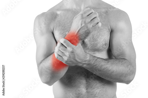 Man with wrist pain over white background