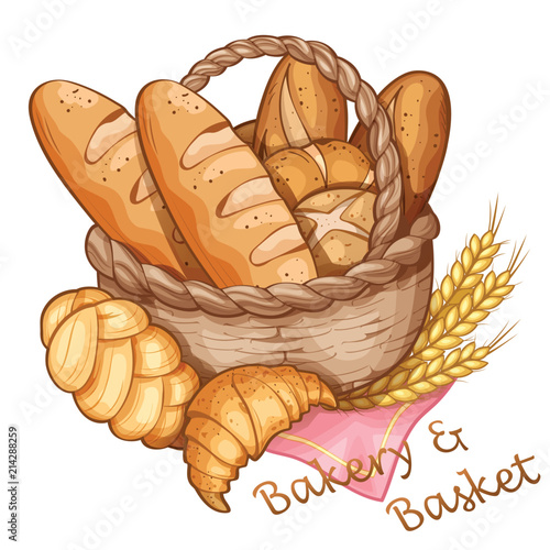 Bakery and basket hand draw, vector illustration