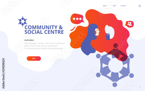 Vector illustration for community or social support center. Great also as Coworking space or workshop concept web page, ticket, flyer or banner template.