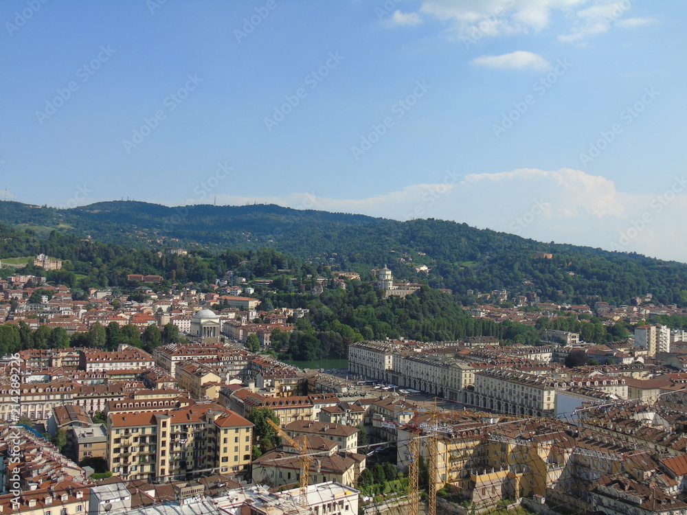 An amazing photography of the city of Turin from italy in summer days from the high and low part of the city including the beautiful river of Po from the center
