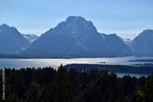 Mount Moran and Jackson Lake seen in the dusk from the top of Signal Mountain, Grand Teton National Park