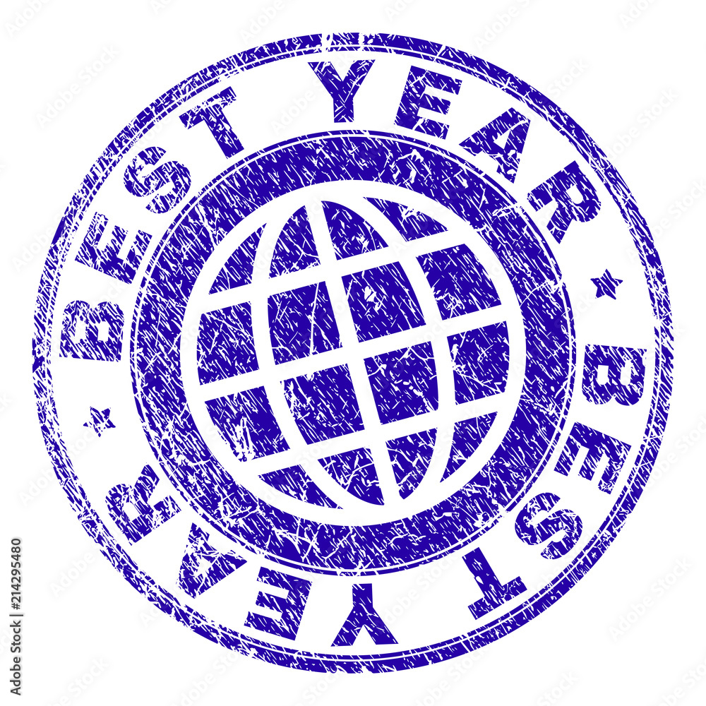BEST YEAR stamp imprint with grunge texture. Blue vector rubber seal imprint of BEST YEAR text with unclean texture. Seal has words placed by circle and planet symbol.