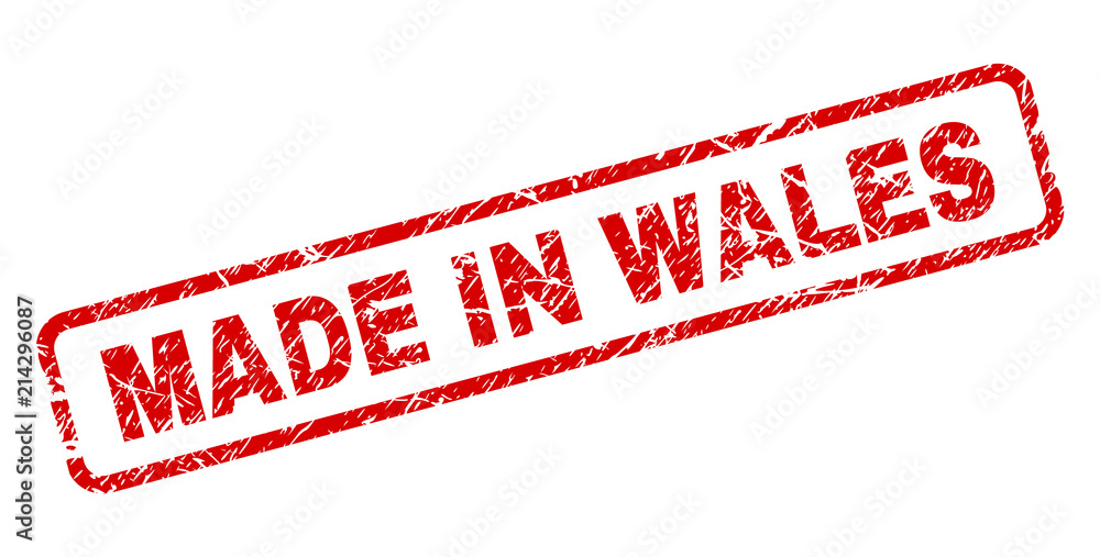 MADE IN WALES stamp seal print with scratced style. Red vector rubber print of MADE IN WALES caption with dust texture. Text title is placed inside rounded rectangle frame. MADE IN WALES stamp seal print with scratced style. Red vector rubber print of MADE IN WALES caption with dust texture. Text title is placed inside rounded rectangle frame.