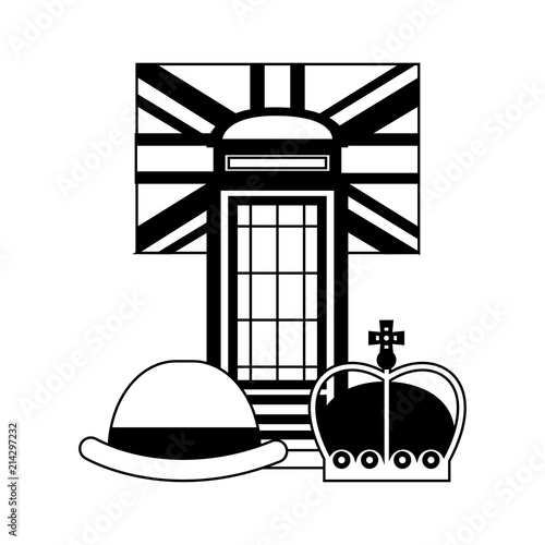 classic british telephone booth with flag and set icons