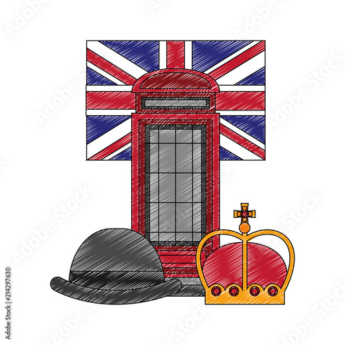 classic british telephone booth with flag and set icons